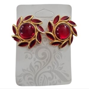 Vintage Gold Red Cabochon Swirl Earrings 1” Retro Statement Studs Hollywood Glam